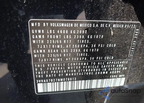 2022 Volkswagen Taos 1.5T S from USA, damaged, VIN 3VVAX7B27NM078613